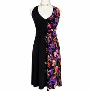 Women’s Halter Dress Black Multicolor Art Floral Mock Elastic Back Size XL